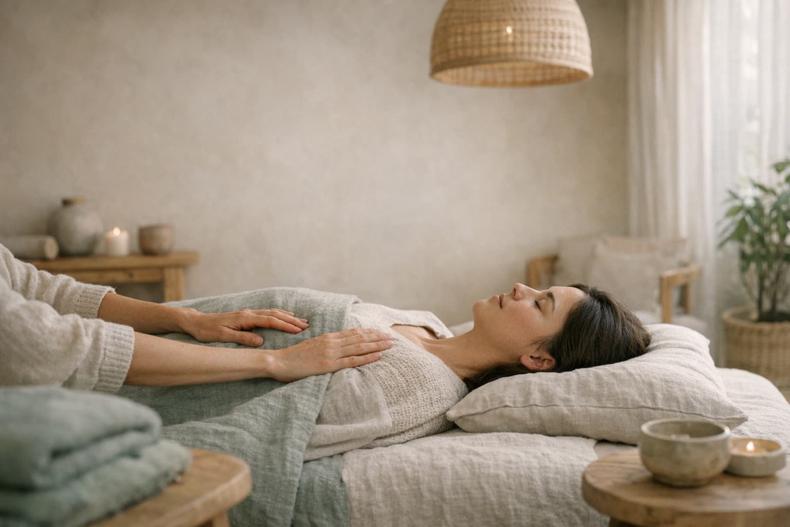 Three-modality signature energy healing session with body rub, dermal, and fingertip techniques