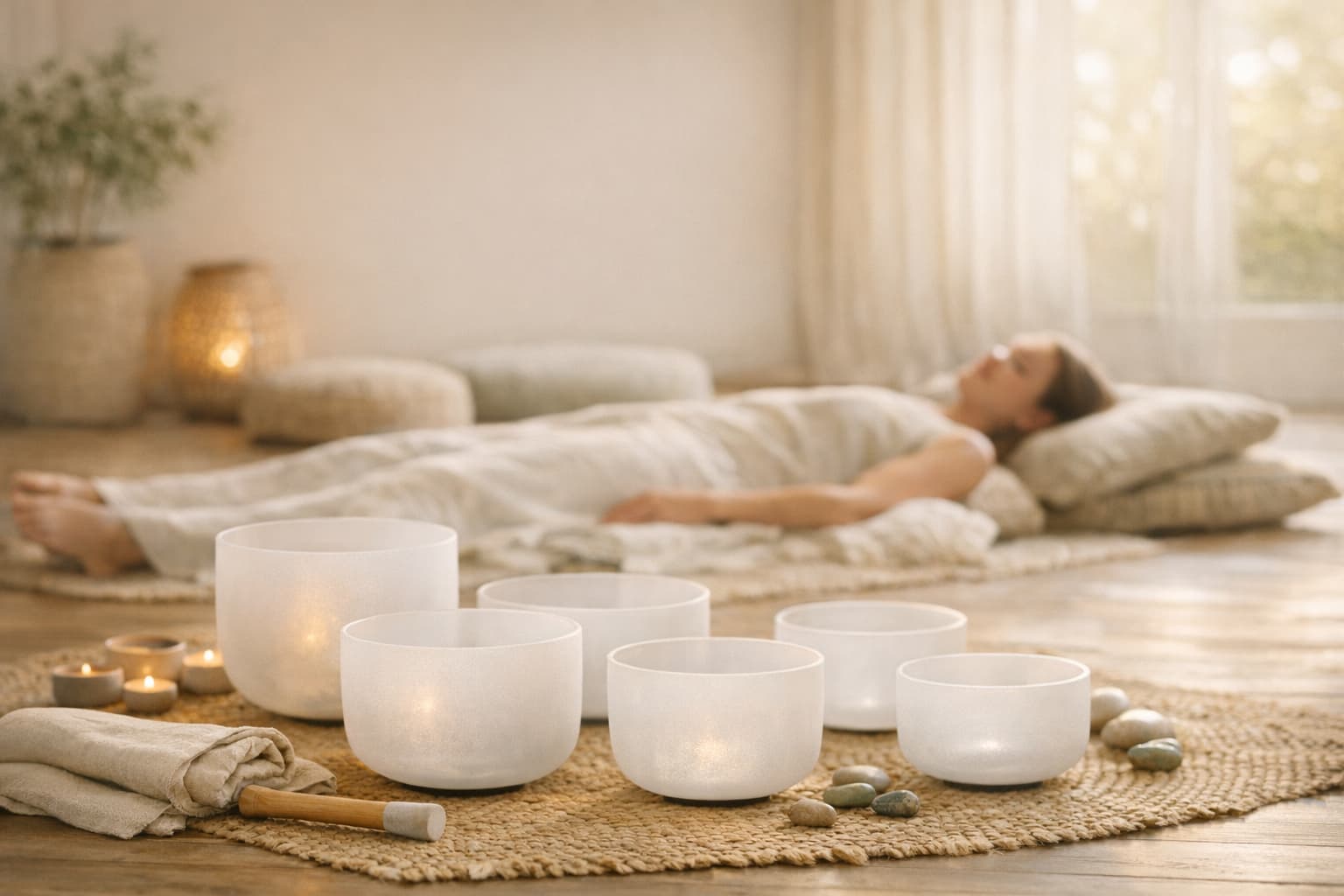 Sound bath session with crystal bowl frequencies for deep relaxation